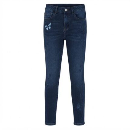 Custom Dark Blue Embroidered Skinny Jeans | Butterfly & Floral Denim Pants