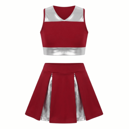 Red & Metallic Silver Youth/Adult Cheerleading Uniform Set – Sleeveless Crop Top & Pleated Skirt Activewear