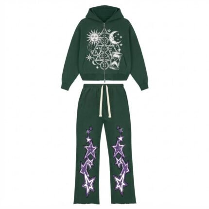 Green Star Embroidery Zip-Up Hoodie & Wide Leg Tracksuit Set for Streetwear, Casual & Lifestyle Wear