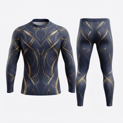 Custom Athletic Uniform | Navy Blue & Gold Compression Shirt and Leggings Set for Teams and Sports Brands