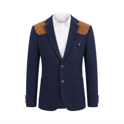 Custom Navy Blue Men's Luxury Textured Blazer with Suede Shoulder Detail