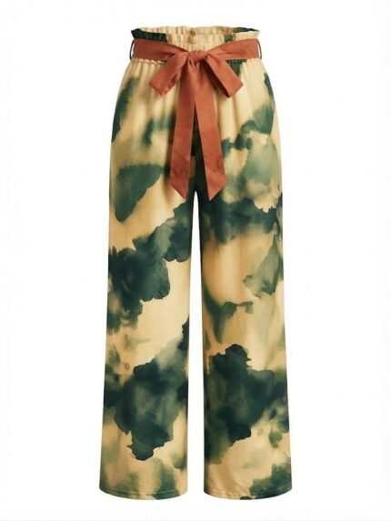 Custom Tie-Dye Wide-Leg Trousers | Green & Beige Printed Pants