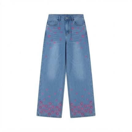 Custom Light Blue Embroidered Wide-Leg Jeans | Pink Star & Floral Denim Pants