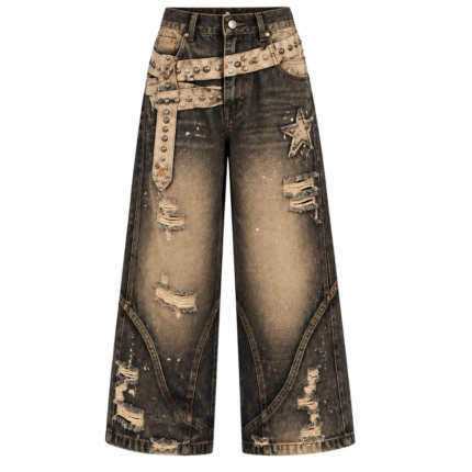 Custom Studded Distressed Jeans | Black & Brown Wide-Leg Denim Trousers
