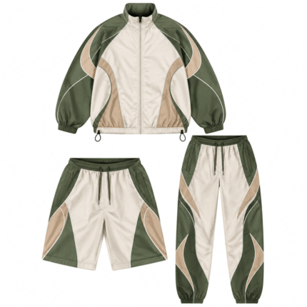 Olive Green & Cream Windbreaker Set – Premium Multi-Piece Track Suit for Sports & Streetwear