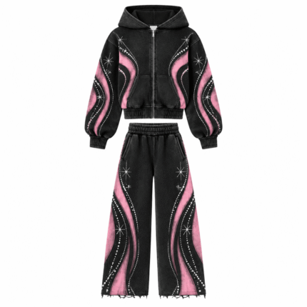 Black & Pink Embellished Oversized Zip-Up Tracksuit for Streetwear & Casual Wear