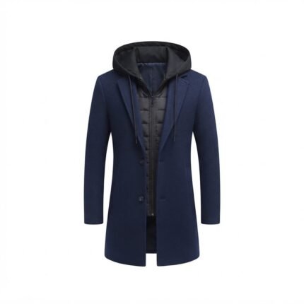 Custom Navy Hooded Wool Blend Coat | Premium Winter Outerwear for Fashion Brands