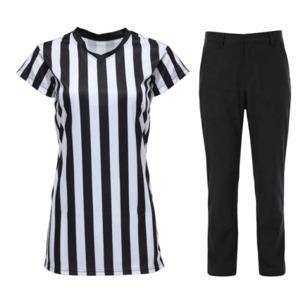 Women’s Black & White Striped Referee Uniform Set – V-Neck Shirt & Black Pants