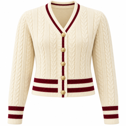 Women's Cream Cable Knit Varsity Cardigan – Burgundy Striped V-Neck Sweater