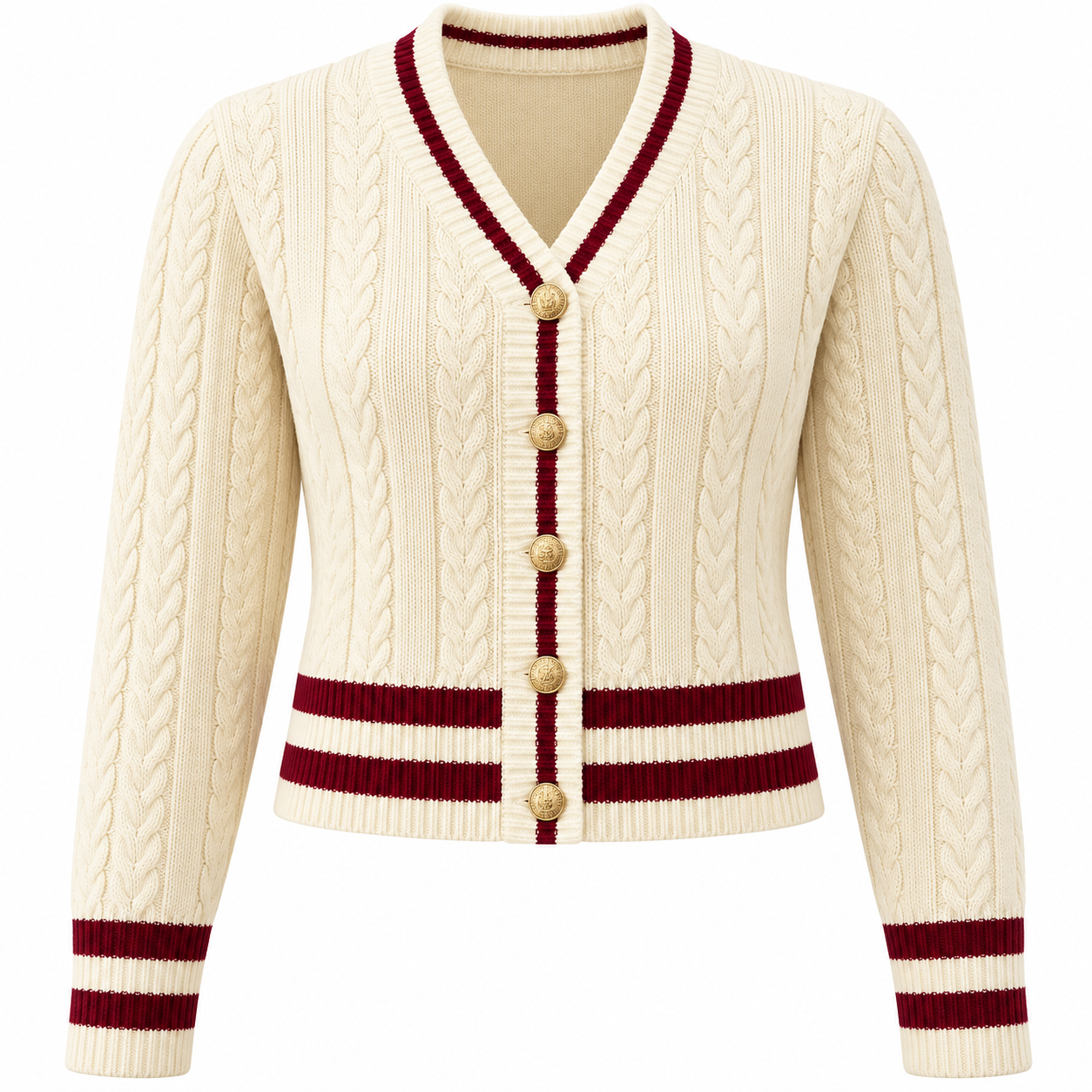 Ivory Cable-Knit Cardigan with Burgundy Trim