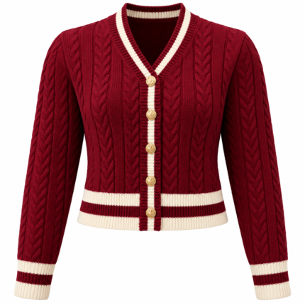 Women's Burgundy Cable Knit Varsity Cardigan – Classic V-Neck Button-Up Sweater