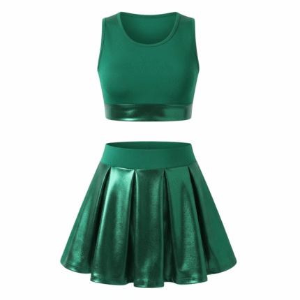 Custom Green Cheerleading Uniform Set – Sleeveless Crop Top & Metallic Pleated Cheer Skirt