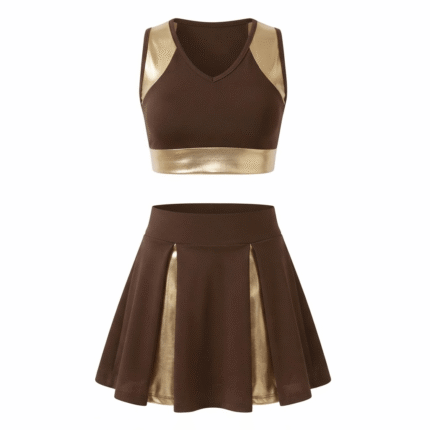Custom Brown & Gold Cheerleading Uniform Set – V-Neck Crop Top & Panel Cheer Skirt